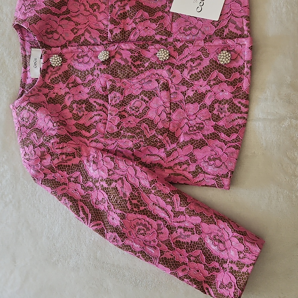 CeCe Antique Olive W/Pink Lace/ Rhinestone Button Cropped Collarless Jacket: XS - Picture 5 of 16